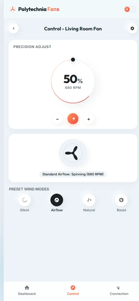 Écran de contrôle de l'application