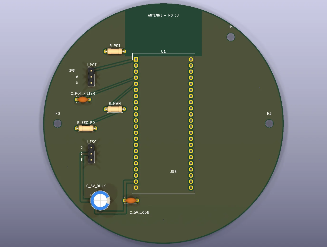 Vue de dessus de l'implantation de la carte KiCad
