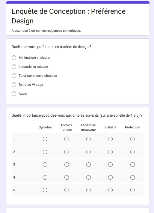 Design-preference questionnaire submitted to the client