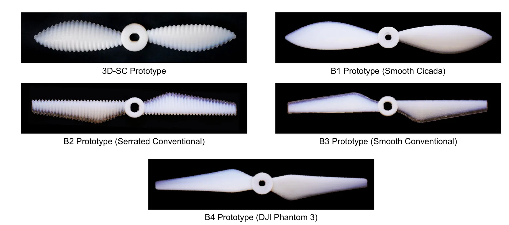 Les cinq hélices prototypes imprimées de l'étude